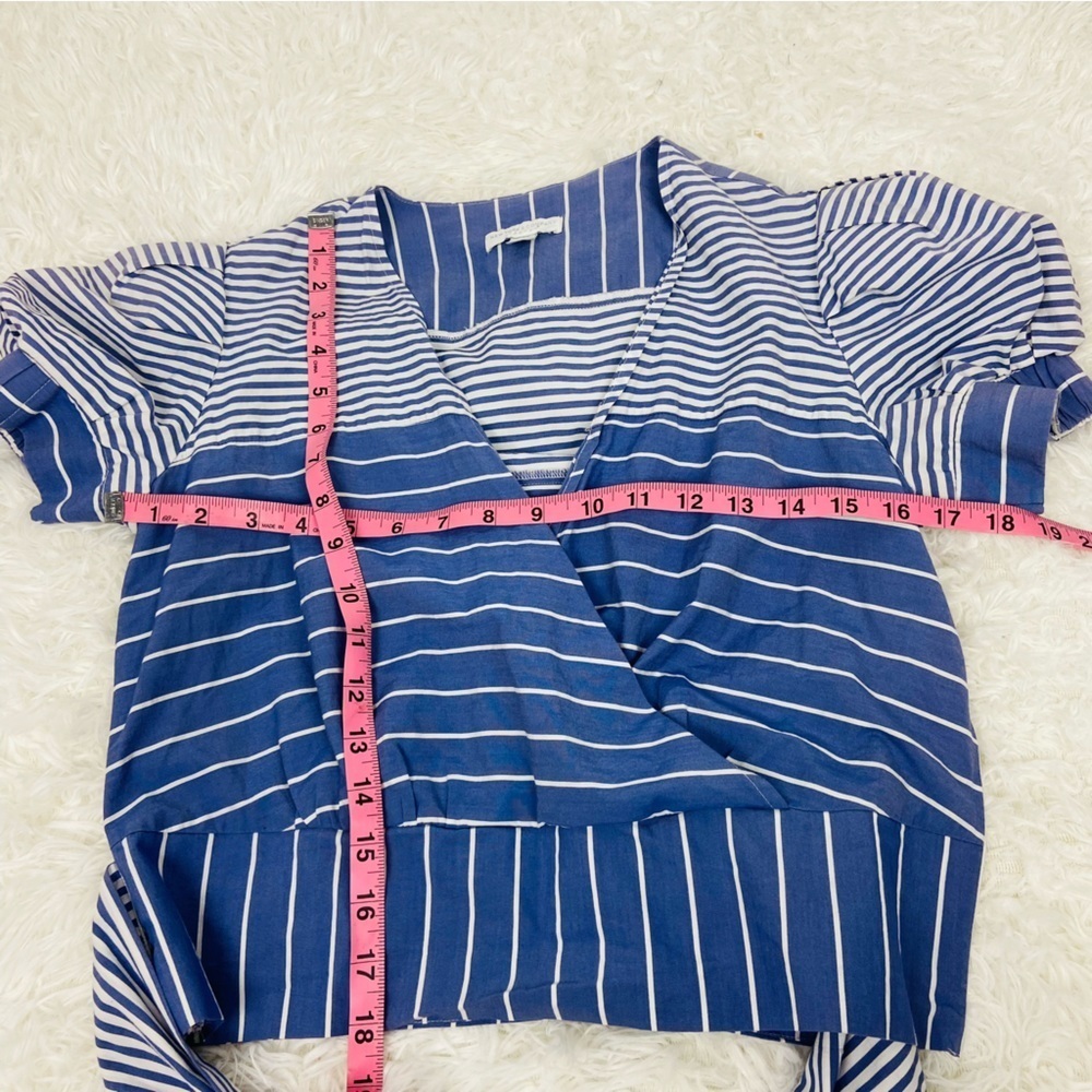 NEW YORK & COMPANY navy & white striped tie waist wrap puff sleeve blouse SZ S - Picture 12 of 14
